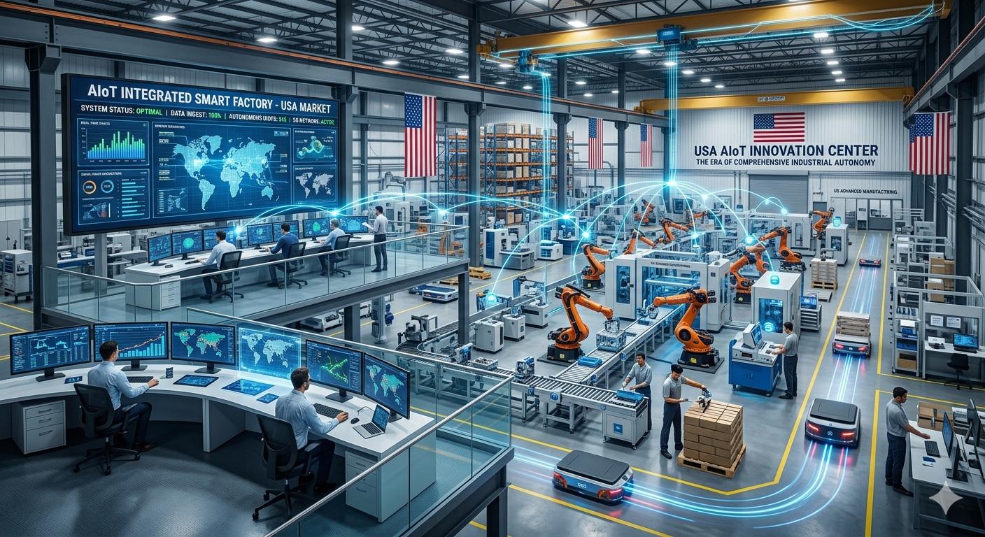 Detailed conceptual view of a modern US smart factory integrating Industrial IoT and Artificial Intelligence, featuring a high-tech control center, glowing 5G connectivity lines, and autonomous robots on a production line, symbolizing the AIoT strategic era.